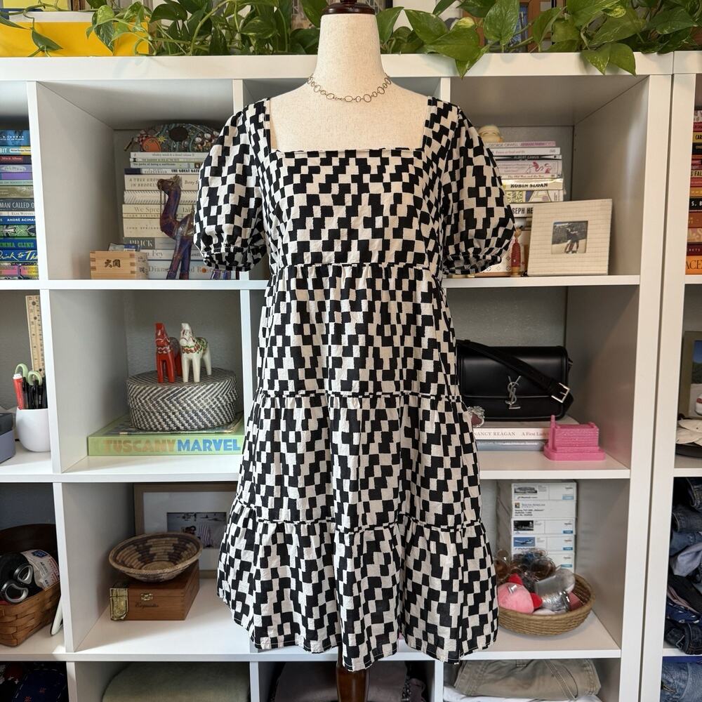 BP Nordstrom Tiered Abstract Print Square Neck Babydoll Dress Black Wms S